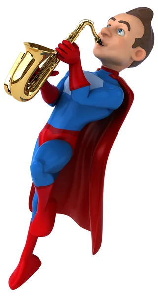 Süper kahraman saksafon ile eğlenceli bir — Stok fotoğraf
