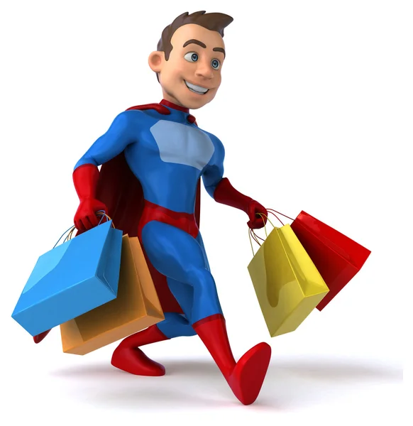 Divertido desenhos animados super-herói compras — Fotografia de Stock
