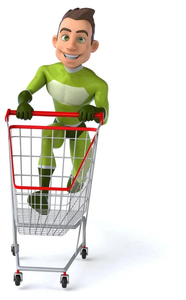 Fun cartoon superhero shopping — Stock Photo, Image