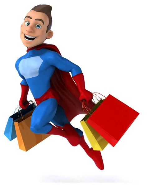 Fun superhero with shopping bags — Stock Photo, Image