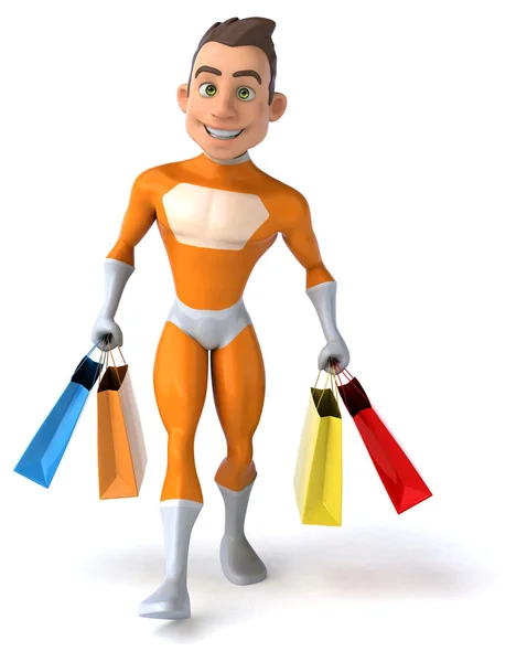 Fun superhero with shopping bags — Stock Photo, Image