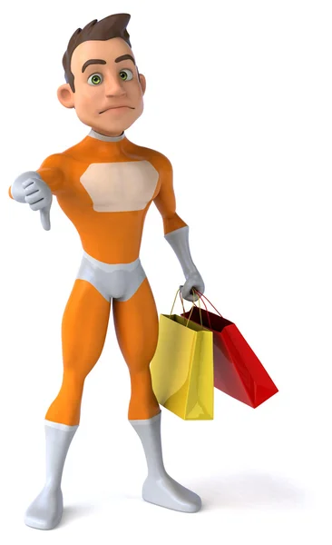 Fun superhero with shopping bags — Stock Photo, Image