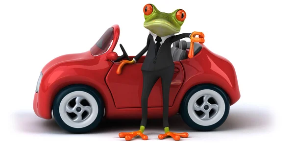 Grenouille amusante en costume et voiture — Photo