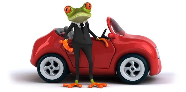 Веселая лягушка в костюме и машине — стоковое фото