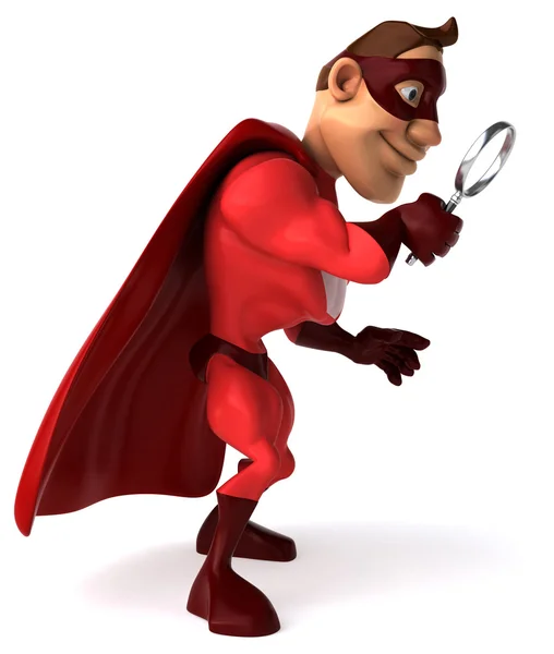 Fun superhero with magnifying glass — Stock Photo, Image