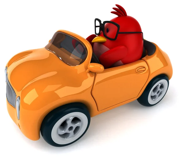 Pássaro vermelho divertido em um carro — Fotografia de Stock