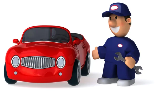 Mechanik zabawne kreskówki i samochód — Zdjęcie stockowe
