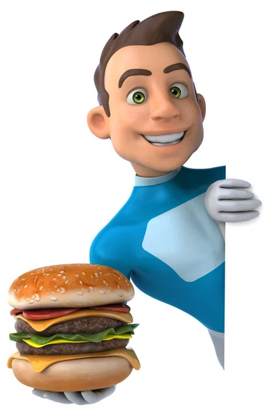 Fun superhero with hamburger — Stock Photo, Image