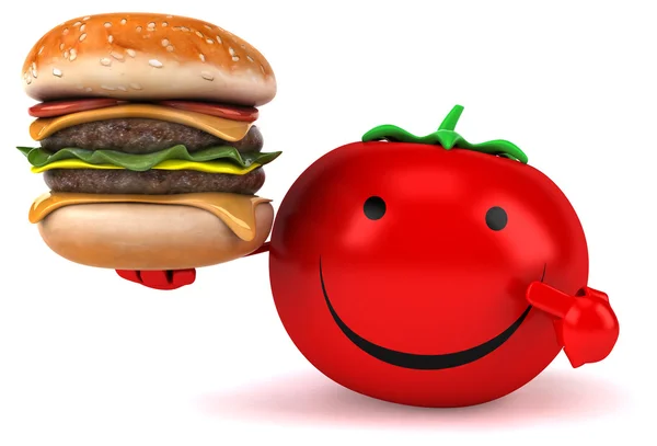 Fun tomato with hamburger — Stock Photo, Image