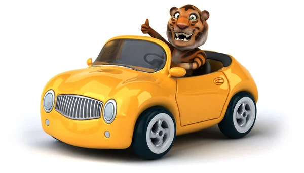 Divertido tigre dos desenhos animados em um carro — Fotografia de Stock