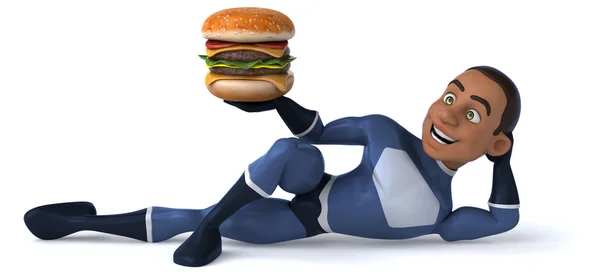 Kul superhjälte med burger — Stockfoto