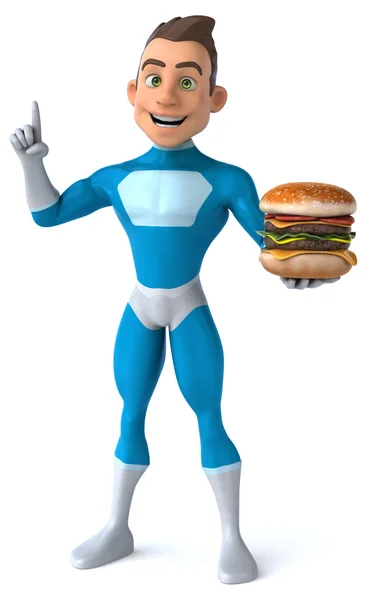 Fun superhero with burger — Stock Photo, Image