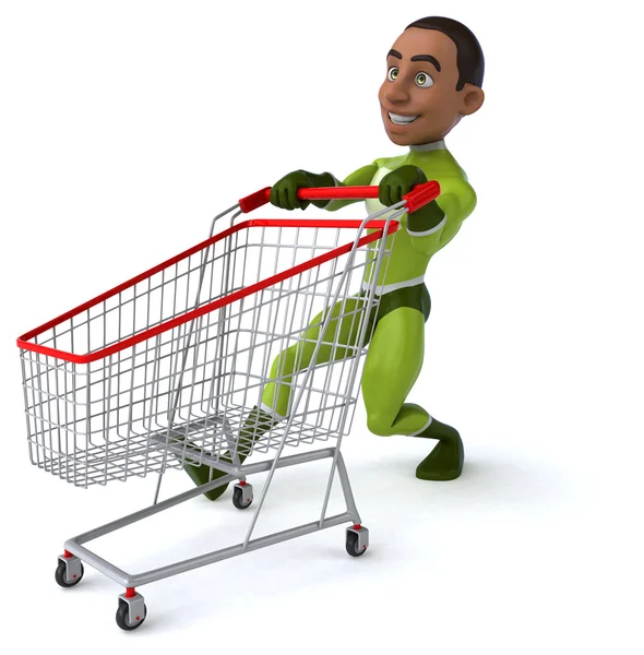 Fun superhero with shopping cart — Stock Photo, Image