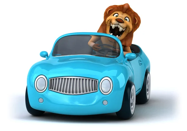 Leão divertido em um carro — Fotografia de Stock