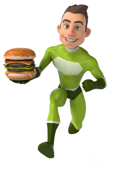 Fun superhero with burger — Stock Photo, Image