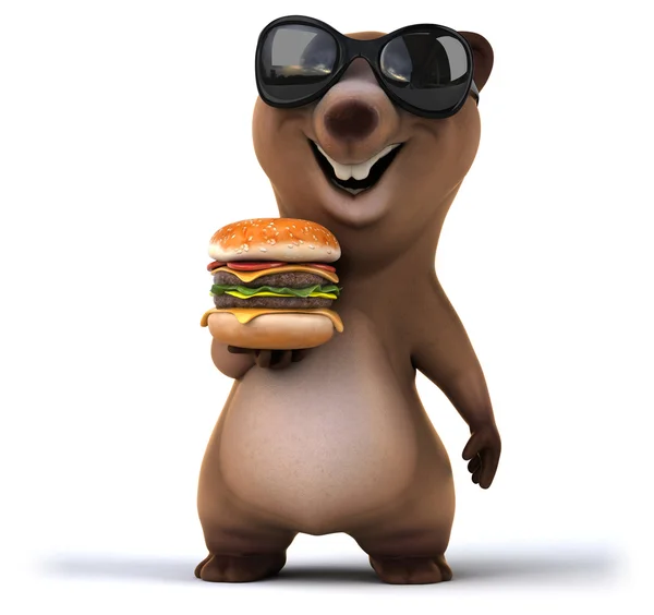Διασκέδαση αρκούδα με νόστιμο burger — Φωτογραφία Αρχείου