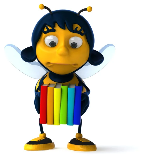 Spaßbiene hält viele Bücher — Stockfoto