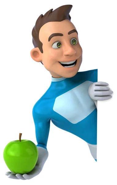 Fun superhero with green apple — Stock Photo, Image