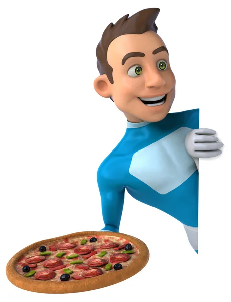 Divertente supereroe con pizza — Foto Stock