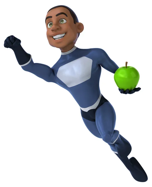 Fun superhero with green apple — Stock Photo, Image