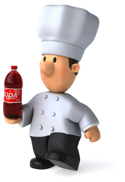 Zabawne kucharz trzyma butelkę coda — Zdjęcie stockowe