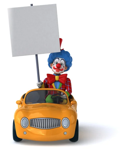 Payaso divertido en coche con tablero en blanco —  Fotos de Stock