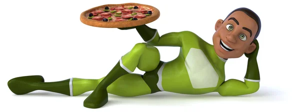 Leuk superheld met smakelijke pizza — Stockfoto