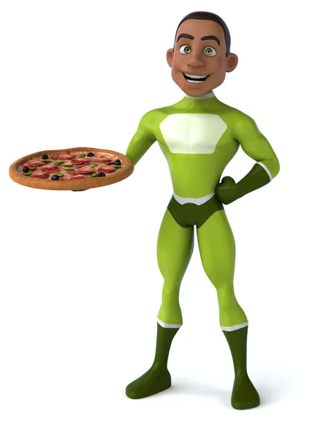 Divertente supereroe con gustosa pizza — Foto Stock