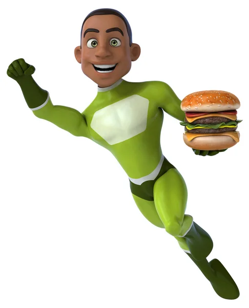 Fun superhero with tasty burger — Stock Photo, Image