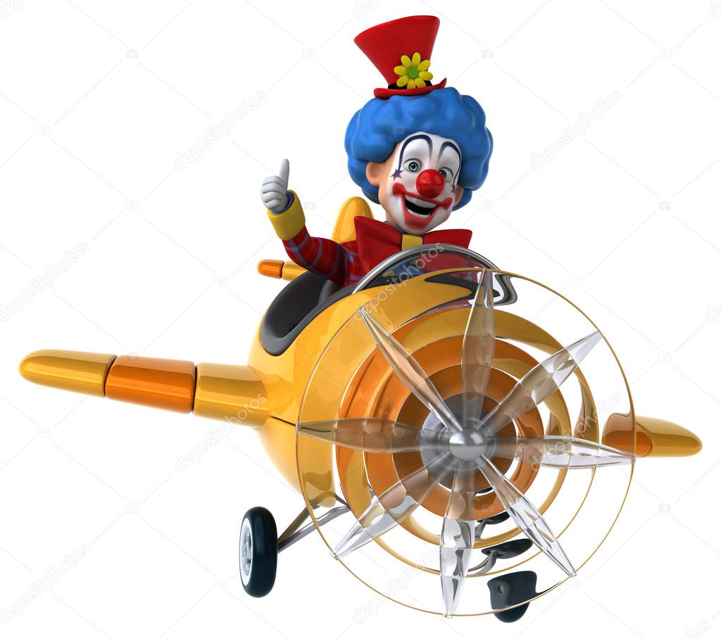 Fun clown flying on airplane