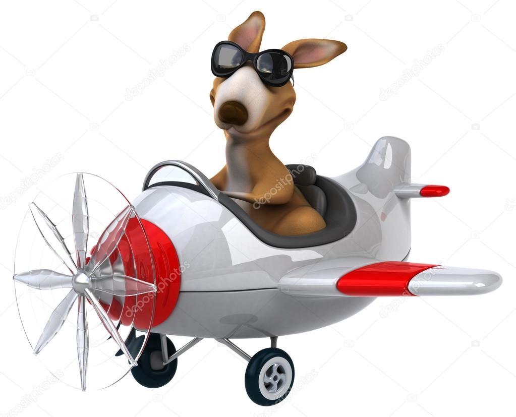 Fun cartoon kangaroo on airplane