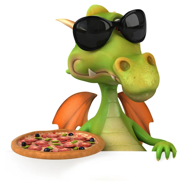 Pizza ile eğlenceli çizgi film dragon — Stok fotoğraf