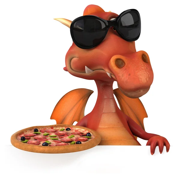 Divertido dragón de dibujos animados con pizza —  Fotos de Stock