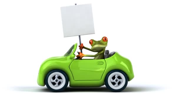 Fun cartoon frog in car — Stock Video