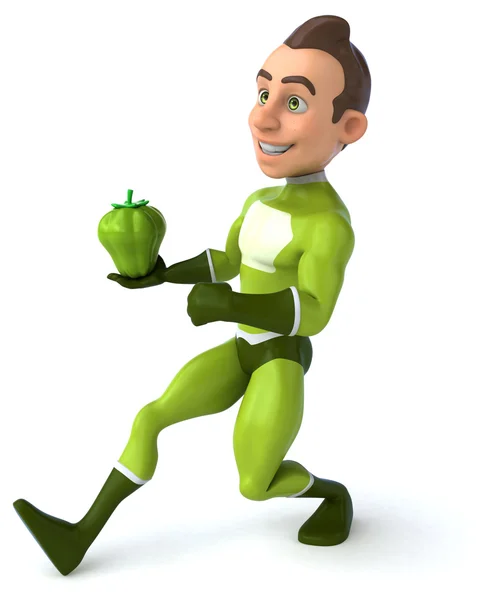 Fun superhero with green apple — Stock Photo, Image