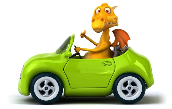 Веселый мультяшный дракон в машине — стоковое фото