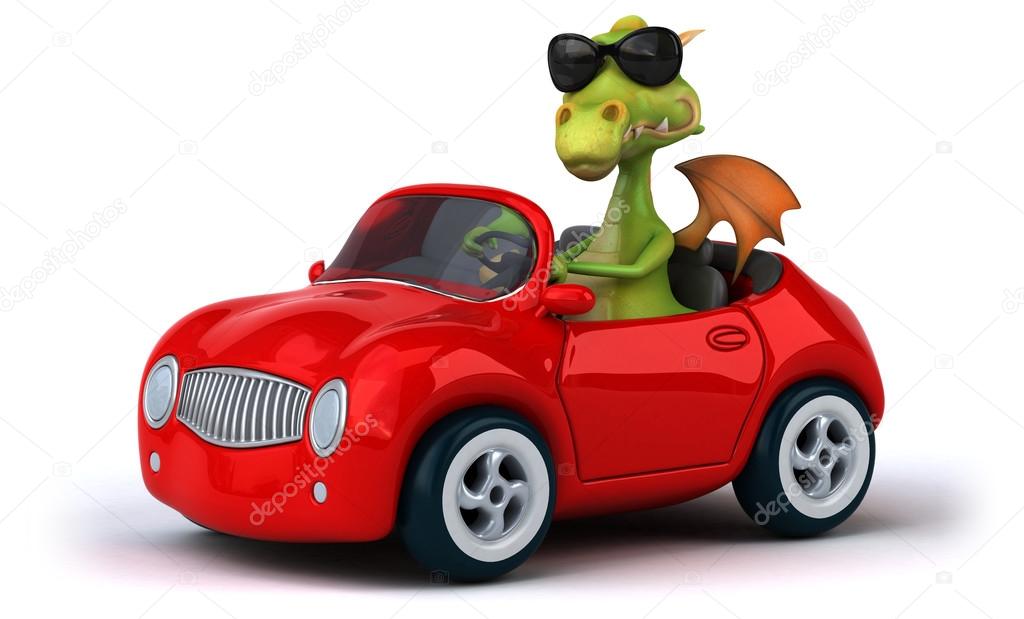 Fun cartoon dragon in car