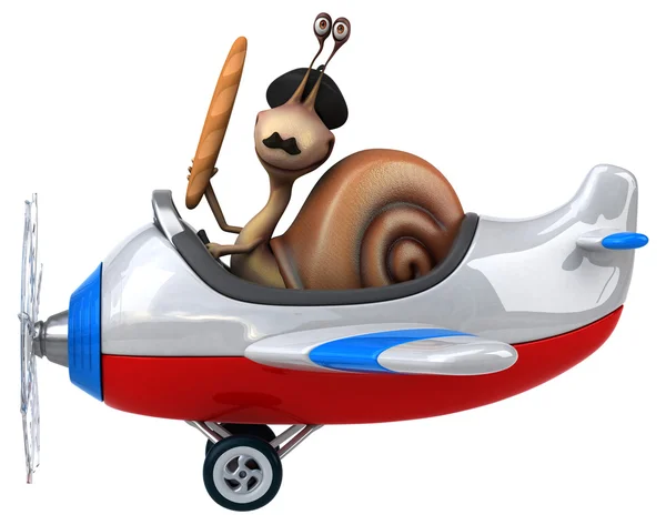 Fun cartoon snail on airplane — Stock Photo, Image