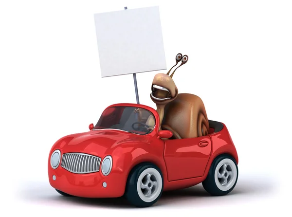 Fun cartoon snail on car — Stock Photo, Image