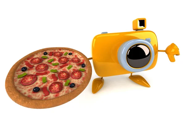 Grappige camera met pizza — Stockfoto