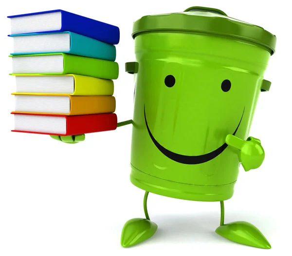 Зеленое ведро для мусора с красочными книгами — стоковое фото