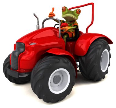 3 boyutlu komik kurbağa ve traktör çizimi.