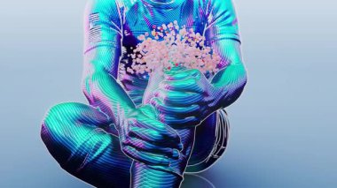 Elinde çiçeklerle bacağını tutan kişi