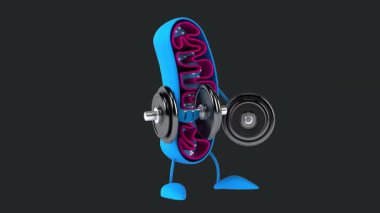 Eğlenceli 3D çizgi film mitokondria çizgi film karakteri ağırlık kaldırıyor (alfa kanalı dahil))