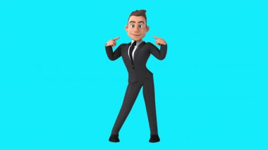 Animasyon iş adamı çizgi film karakteri mavi arka planda dans ediyor