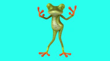 Çizgi film kurbağası kollarını açmış poz veriyor.