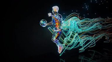 Renkli video, yüksek yoğunluklu bir oyunda siyah bir arkaplana karşı basketbol topu süren görünür bir kas iskeleti sistemine sahip şeffaf bir insan figürü gösteriyor..