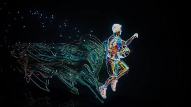 Parlak renkli video, yüksek yoğunluklu oyun sırasında siyah arkaplana basketbol topu süren görünür kas iskeleti sistemine sahip şeffaf bir insan figürü gösteriyor..