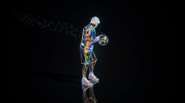 Parlak renkli video, yüksek yoğunluklu oyun sırasında siyah arkaplana basketbol topu süren görünür kas iskeleti sistemine sahip şeffaf bir insan figürü gösteriyor..