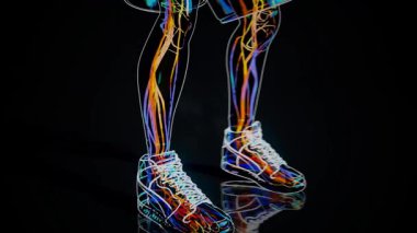 Parlak renkli video, yüksek yoğunluklu oyun sırasında siyah arkaplana basketbol topu süren görünür kas iskeleti sistemine sahip şeffaf bir insan figürü gösteriyor..